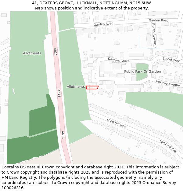 41, DEXTERS GROVE, HUCKNALL, NOTTINGHAM, NG15 6UW: Location map and indicative extent of plot