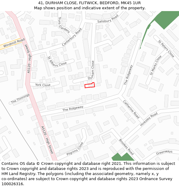 41, DURHAM CLOSE, FLITWICK, BEDFORD, MK45 1UR: Location map and indicative extent of plot