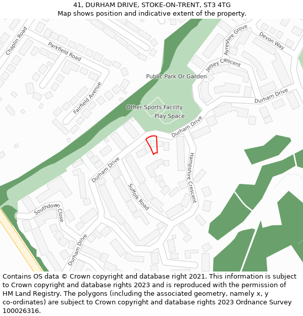 41, DURHAM DRIVE, STOKE-ON-TRENT, ST3 4TG: Location map and indicative extent of plot