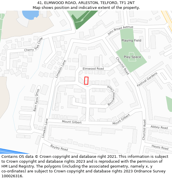 41, ELMWOOD ROAD, ARLESTON, TELFORD, TF1 2NT: Location map and indicative extent of plot