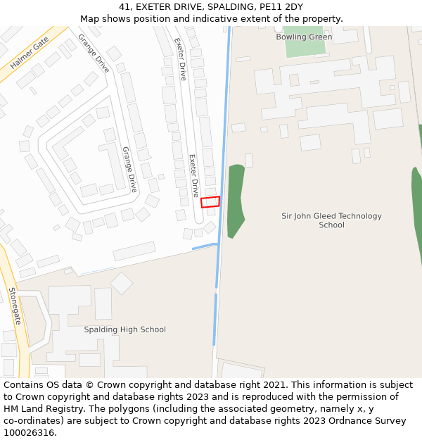 41, EXETER DRIVE, SPALDING, PE11 2DY: Location map and indicative extent of plot
