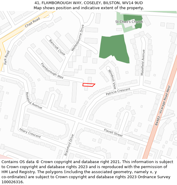 41, FLAMBOROUGH WAY, COSELEY, BILSTON, WV14 9UD: Location map and indicative extent of plot