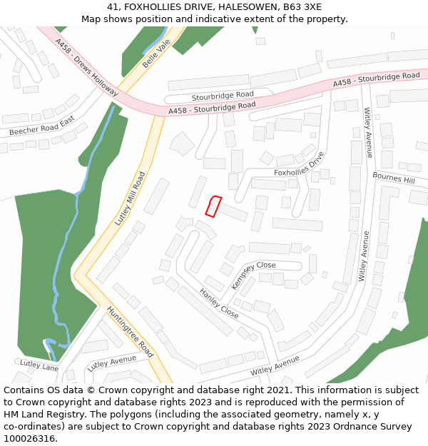 41, FOXHOLLIES DRIVE, HALESOWEN, B63 3XE: Location map and indicative extent of plot