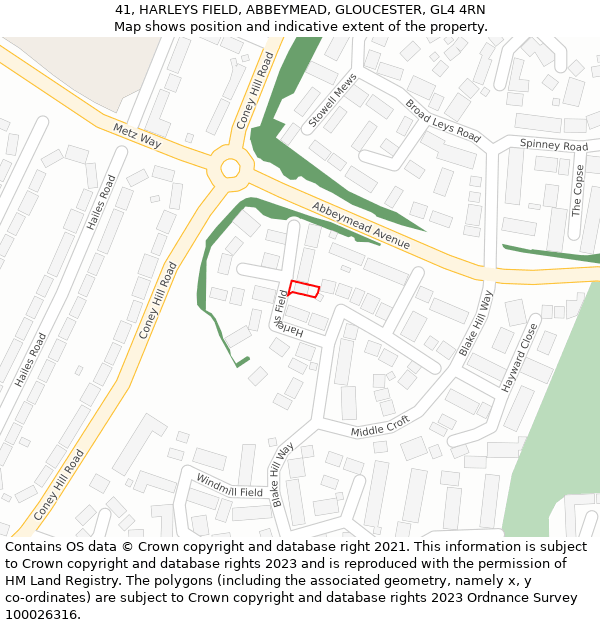 41, HARLEYS FIELD, ABBEYMEAD, GLOUCESTER, GL4 4RN: Location map and indicative extent of plot