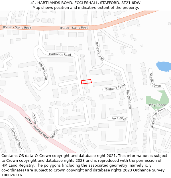 41, HARTLANDS ROAD, ECCLESHALL, STAFFORD, ST21 6DW: Location map and indicative extent of plot