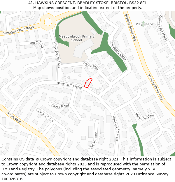 41, HAWKINS CRESCENT, BRADLEY STOKE, BRISTOL, BS32 8EL: Location map and indicative extent of plot