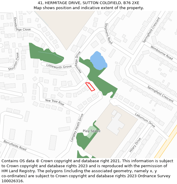 41, HERMITAGE DRIVE, SUTTON COLDFIELD, B76 2XE: Location map and indicative extent of plot