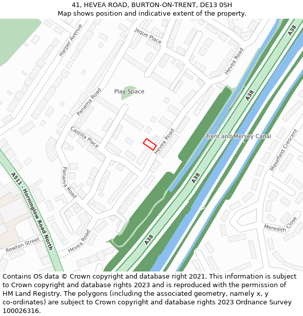 41, HEVEA ROAD, BURTON-ON-TRENT, DE13 0SH: Location map and indicative extent of plot