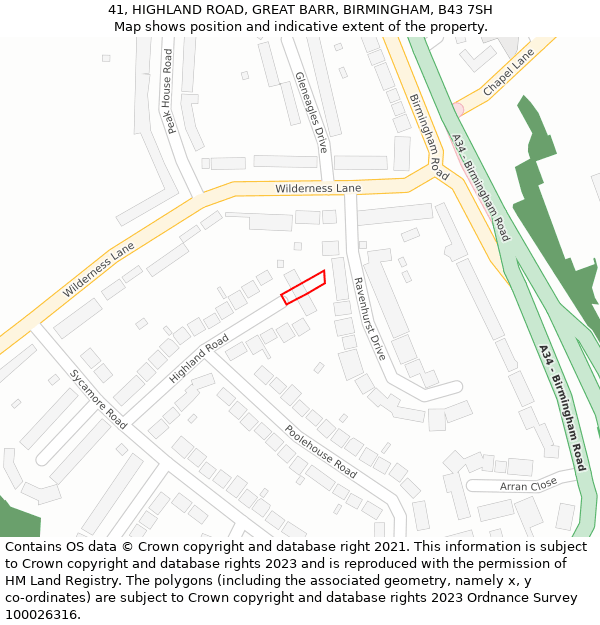 41, HIGHLAND ROAD, GREAT BARR, BIRMINGHAM, B43 7SH: Location map and indicative extent of plot