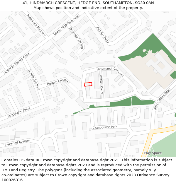 41, HINDMARCH CRESCENT, HEDGE END, SOUTHAMPTON, SO30 0AN: Location map and indicative extent of plot