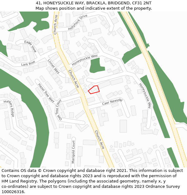 41, HONEYSUCKLE WAY, BRACKLA, BRIDGEND, CF31 2NT: Location map and indicative extent of plot