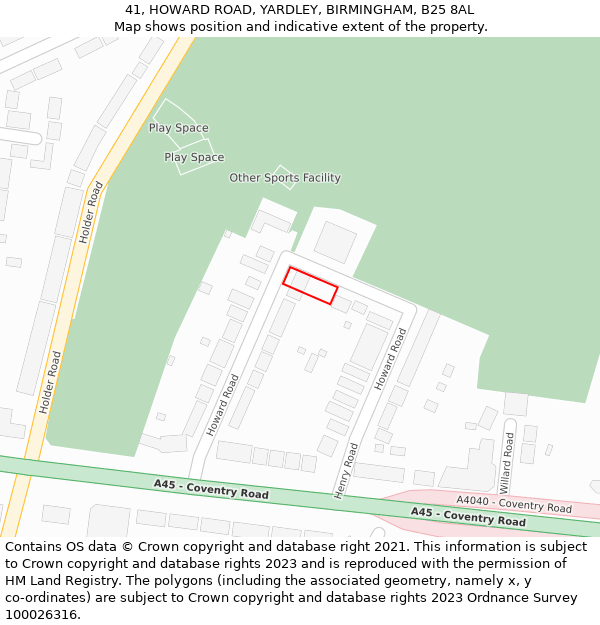 41, HOWARD ROAD, YARDLEY, BIRMINGHAM, B25 8AL: Location map and indicative extent of plot