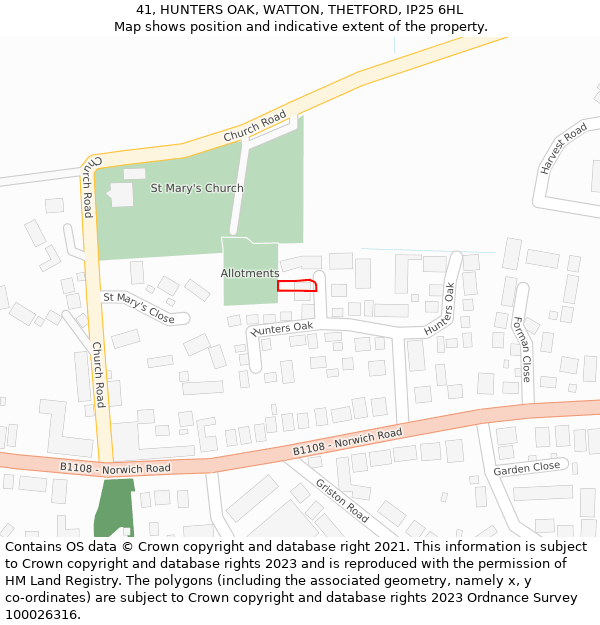 41, HUNTERS OAK, WATTON, THETFORD, IP25 6HL: Location map and indicative extent of plot