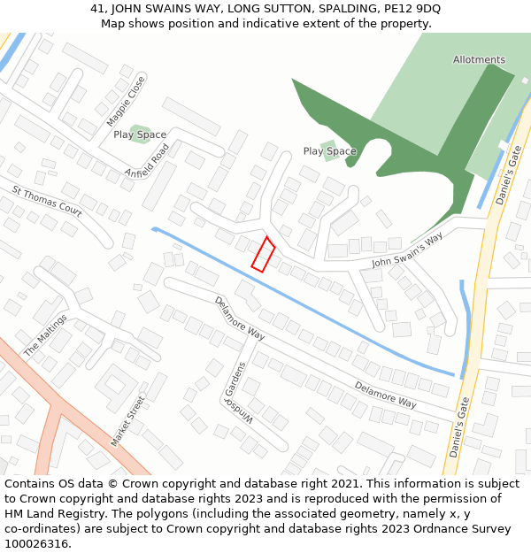 41, JOHN SWAINS WAY, LONG SUTTON, SPALDING, PE12 9DQ: Location map and indicative extent of plot