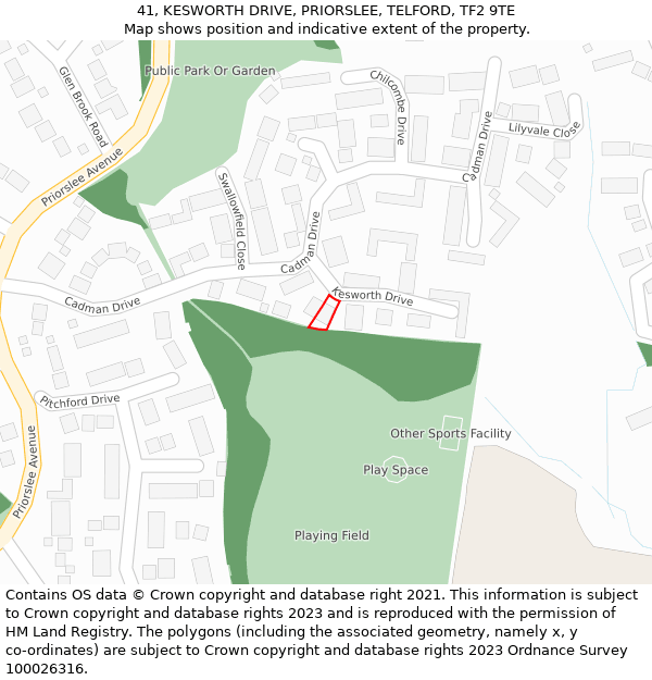 41, KESWORTH DRIVE, PRIORSLEE, TELFORD, TF2 9TE: Location map and indicative extent of plot