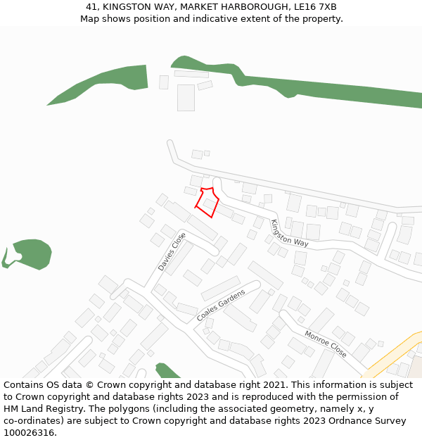 41, KINGSTON WAY, MARKET HARBOROUGH, LE16 7XB: Location map and indicative extent of plot