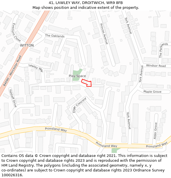 41, LAWLEY WAY, DROITWICH, WR9 8FB: Location map and indicative extent of plot