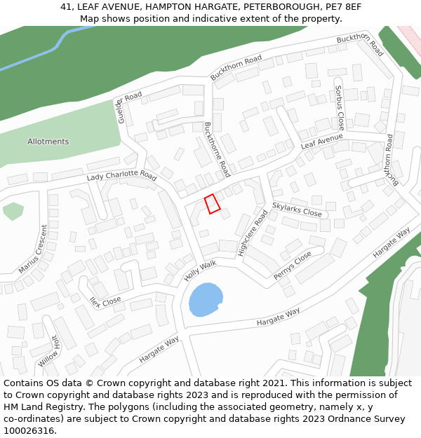41, LEAF AVENUE, HAMPTON HARGATE, PETERBOROUGH, PE7 8EF: Location map and indicative extent of plot