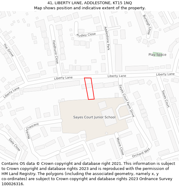 41, LIBERTY LANE, ADDLESTONE, KT15 1NQ: Location map and indicative extent of plot