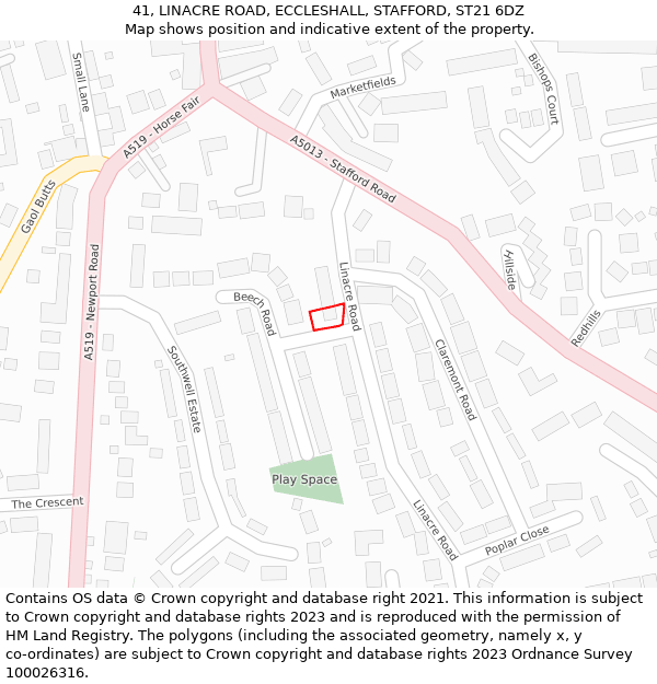 41, LINACRE ROAD, ECCLESHALL, STAFFORD, ST21 6DZ: Location map and indicative extent of plot