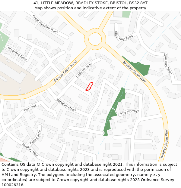 41, LITTLE MEADOW, BRADLEY STOKE, BRISTOL, BS32 8AT: Location map and indicative extent of plot