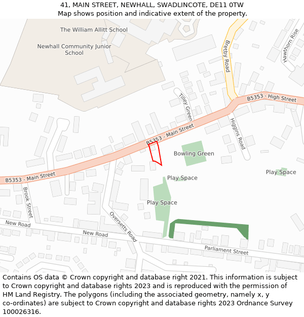 41, MAIN STREET, NEWHALL, SWADLINCOTE, DE11 0TW: Location map and indicative extent of plot