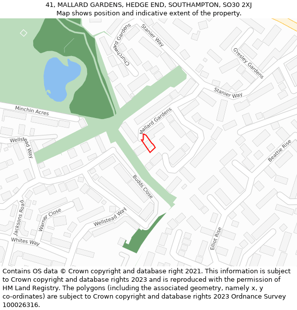 41, MALLARD GARDENS, HEDGE END, SOUTHAMPTON, SO30 2XJ: Location map and indicative extent of plot