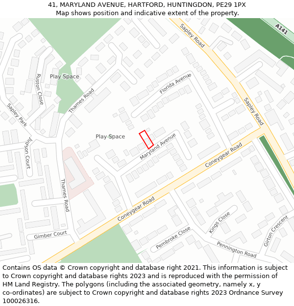 41, MARYLAND AVENUE, HARTFORD, HUNTINGDON, PE29 1PX: Location map and indicative extent of plot