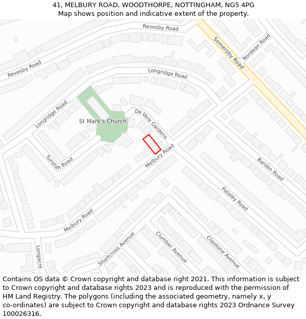 41, MELBURY ROAD, WOODTHORPE, NOTTINGHAM, NG5 4PG: Location map and indicative extent of plot