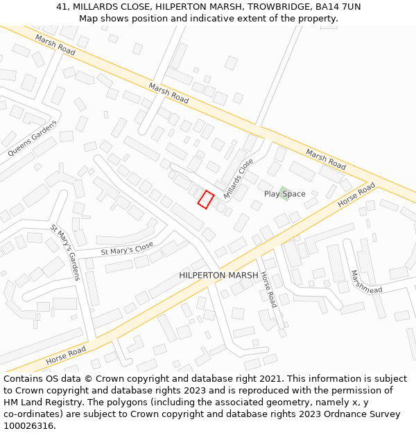 41, MILLARDS CLOSE, HILPERTON MARSH, TROWBRIDGE, BA14 7UN: Location map and indicative extent of plot