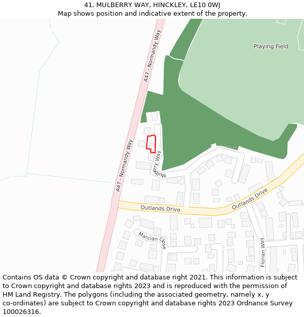 41, MULBERRY WAY, HINCKLEY, LE10 0WJ: Location map and indicative extent of plot