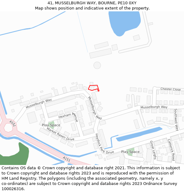 41, MUSSELBURGH WAY, BOURNE, PE10 0XY: Location map and indicative extent of plot