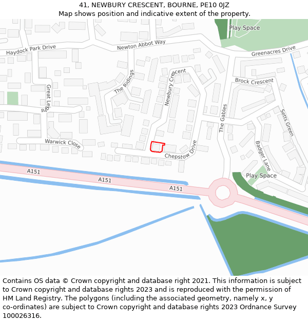 41, NEWBURY CRESCENT, BOURNE, PE10 0JZ: Location map and indicative extent of plot