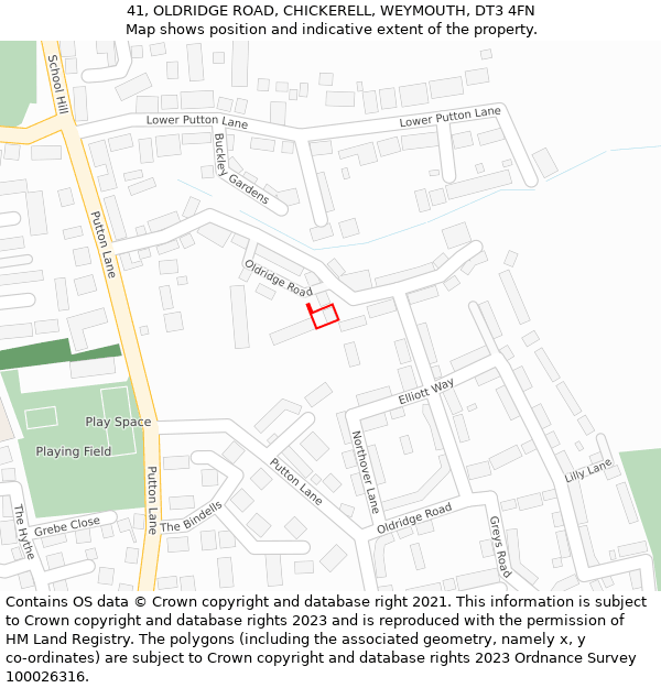 41, OLDRIDGE ROAD, CHICKERELL, WEYMOUTH, DT3 4FN: Location map and indicative extent of plot