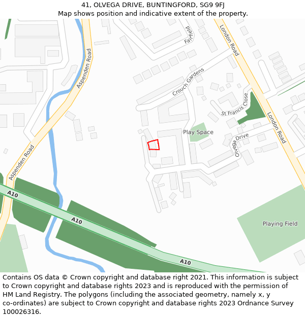 41, OLVEGA DRIVE, BUNTINGFORD, SG9 9FJ: Location map and indicative extent of plot