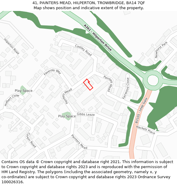 41, PAINTERS MEAD, HILPERTON, TROWBRIDGE, BA14 7QF: Location map and indicative extent of plot