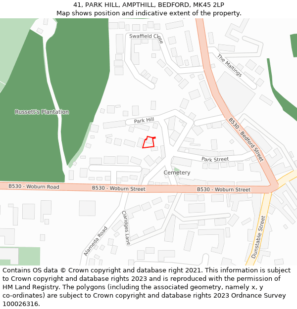 41, PARK HILL, AMPTHILL, BEDFORD, MK45 2LP: Location map and indicative extent of plot