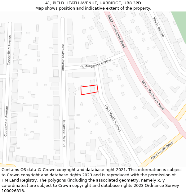 41, PIELD HEATH AVENUE, UXBRIDGE, UB8 3PD: Location map and indicative extent of plot