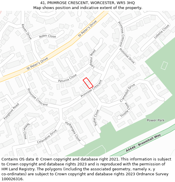 41, PRIMROSE CRESCENT, WORCESTER, WR5 3HQ: Location map and indicative extent of plot