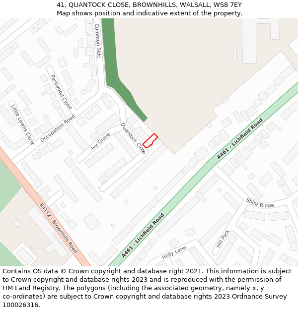 41, QUANTOCK CLOSE, BROWNHILLS, WALSALL, WS8 7EY: Location map and indicative extent of plot