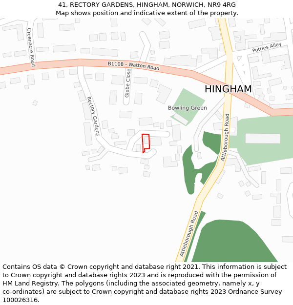 41, RECTORY GARDENS, HINGHAM, NORWICH, NR9 4RG: Location map and indicative extent of plot