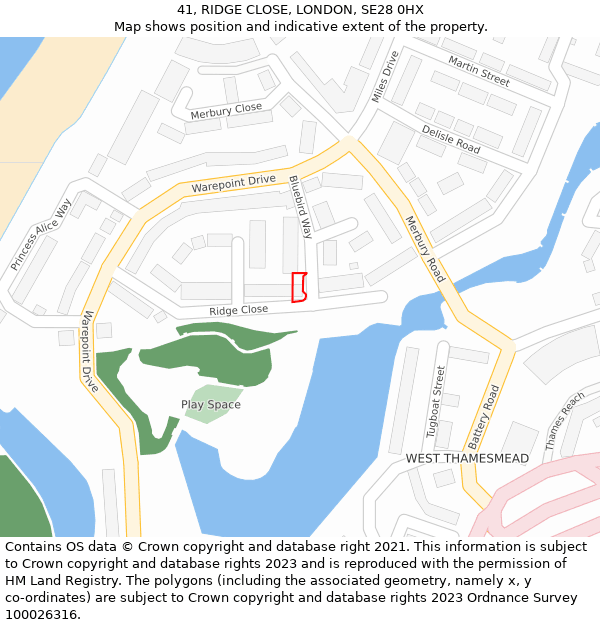 41, RIDGE CLOSE, LONDON, SE28 0HX: Location map and indicative extent of plot