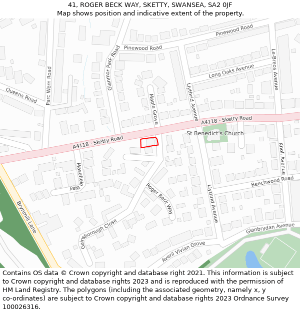 41, ROGER BECK WAY, SKETTY, SWANSEA, SA2 0JF: Location map and indicative extent of plot