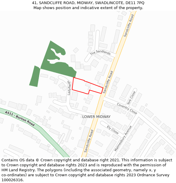 41, SANDCLIFFE ROAD, MIDWAY, SWADLINCOTE, DE11 7PQ: Location map and indicative extent of plot