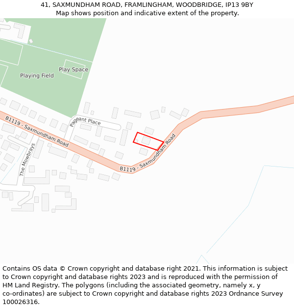 41, SAXMUNDHAM ROAD, FRAMLINGHAM, WOODBRIDGE, IP13 9BY: Location map and indicative extent of plot