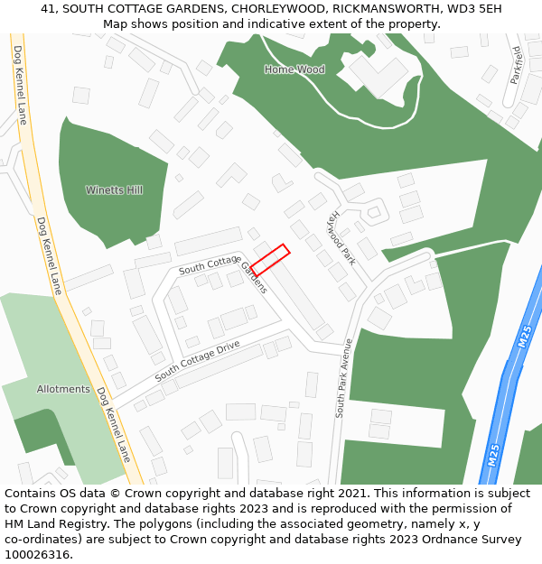41, SOUTH COTTAGE GARDENS, CHORLEYWOOD, RICKMANSWORTH, WD3 5EH: Location map and indicative extent of plot