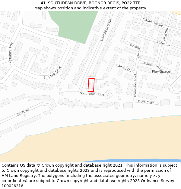 41, SOUTHDEAN DRIVE, BOGNOR REGIS, PO22 7TB: Location map and indicative extent of plot