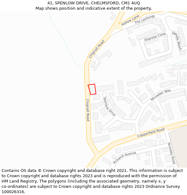 41, SPENLOW DRIVE, CHELMSFORD, CM1 4UQ: Location map and indicative extent of plot