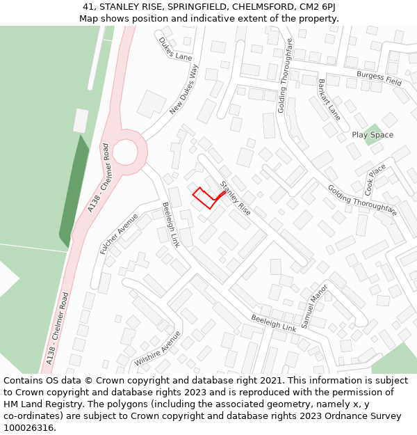 41, STANLEY RISE, SPRINGFIELD, CHELMSFORD, CM2 6PJ: Location map and indicative extent of plot