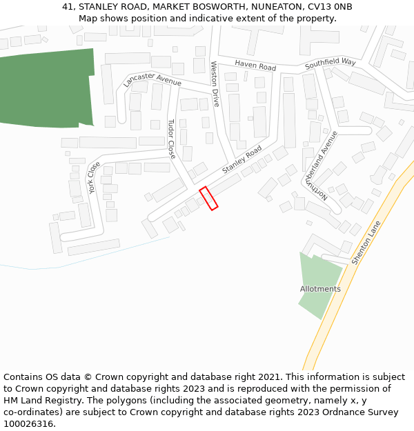 41, STANLEY ROAD, MARKET BOSWORTH, NUNEATON, CV13 0NB: Location map and indicative extent of plot